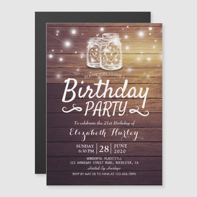 Birthday Party Rustic Wood Mason Jar String Lights Magnetic Invitation (Front/Back)