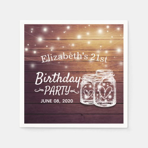 Birthday Party Rustic Wood Mason Jar String Lights Napkins