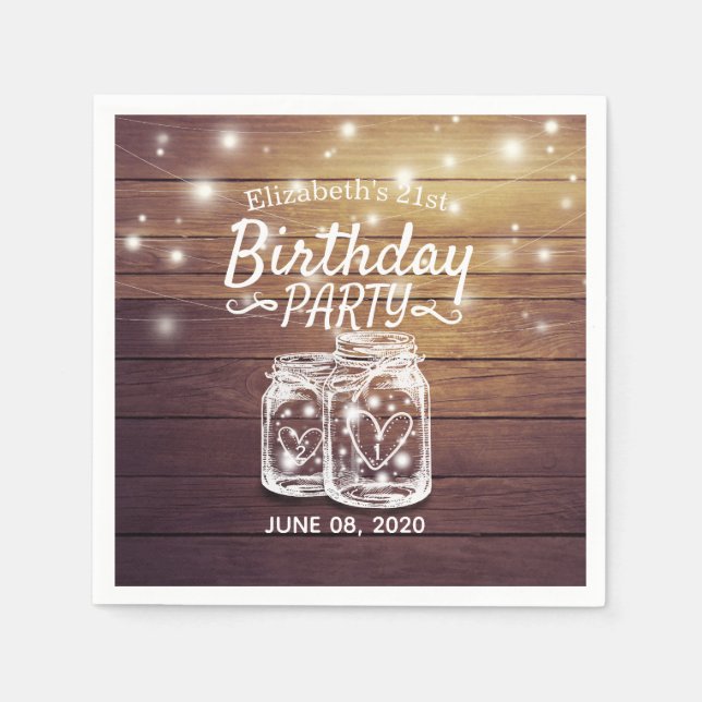 Birthday Party Rustic Wood Mason Jar String Lights Napkins (Front)