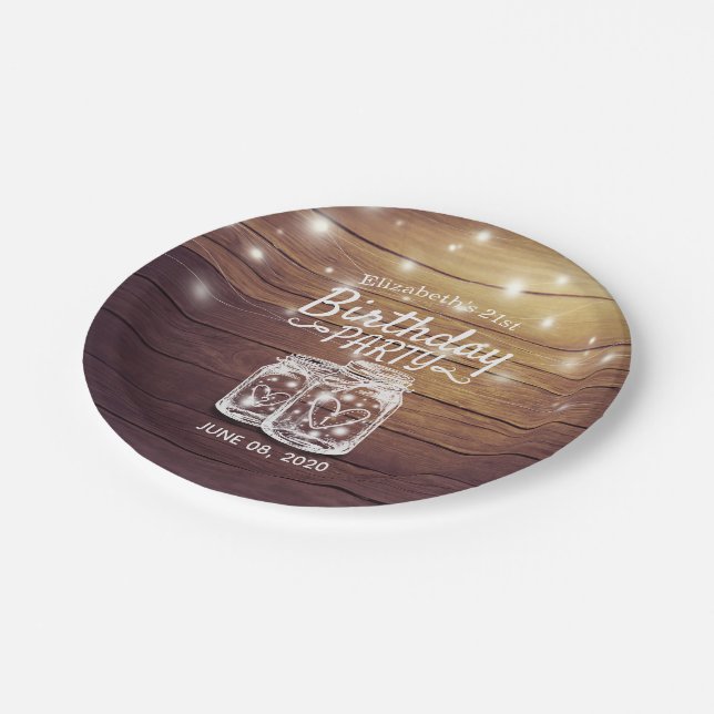 Birthday Party Rustic Wood Mason Jar String Lights Paper Plates (Angled)
