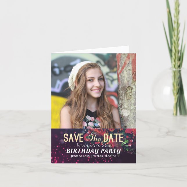 Birthday Party Save The Date Burgundy Floral Photo Invitation (Front)