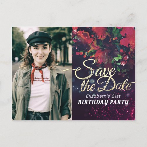 Birthday Party Save The Date Burgundy Floral Photo Invitation Postcard
