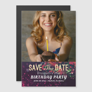 Birthday Party Save The Date Burgundy Floral Photo Magnetic Invitation
