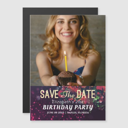 Birthday Party Save The Date Burgundy Floral Photo Magnetic Invitation