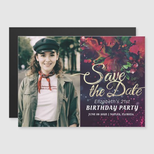 Birthday Party Save The Date Burgundy Floral Photo Magnetic Invitation