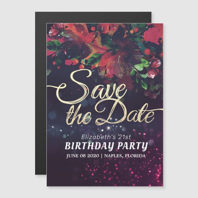 Birthday Party Save The Date Flowers Purple Lights Magnetic Invitation (Front/Back)