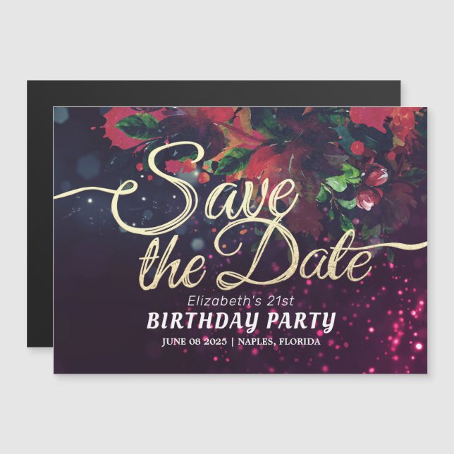 Birthday Party Save The Date Flowers Purple Lights Magnetic Invitation (Front/Back)