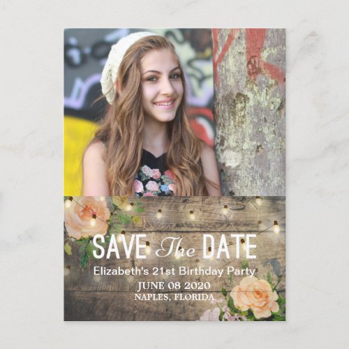 Birthday Party Save The Date Flowers Wood Lights Invitation Postcard