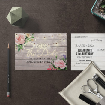 Birthday Party Save The Date Flowers Wood Lights Invitation Postcard by ReadyCardCard at Zazzle