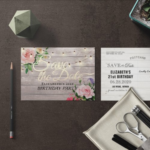 Birthday Party Save The Date Flowers Wood Lights Invitation Postcard