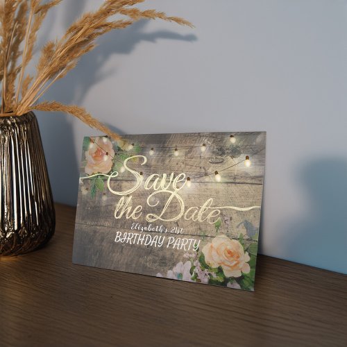 Birthday Party Save The Date Flowers Wood Lights Invitation Postcard