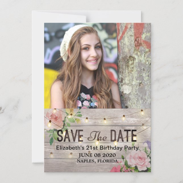 Birthday Party Save The Date Flowers Wood Lights Magnetic Invitation (Front)