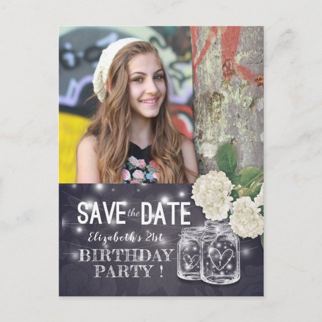 Birthday Party Save The Date Mason Jars Hydrangeas Invitation Postcard (Front)