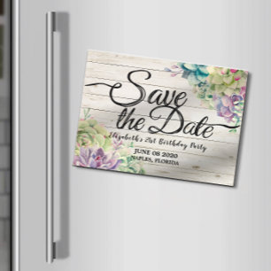 Birthday Party Save The Date Succulent Rustic Wood Magnetic Invitation