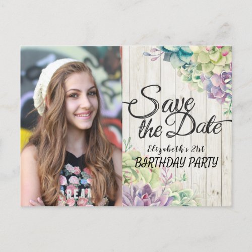 Birthday Party Save The Date Succulents Wood Photo Invitation Postcard