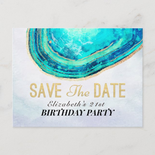Birthday Party Save The Date Teal Gold Agate Geode Invitation Postcard (Front)
