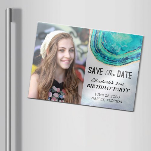 Birthday Party Save The Date Teal Gold Agate Photo Magnetic Invitation