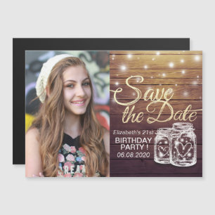 Birthday Party Save The Date Wood Mason Jar Lights Magnetic Invitation