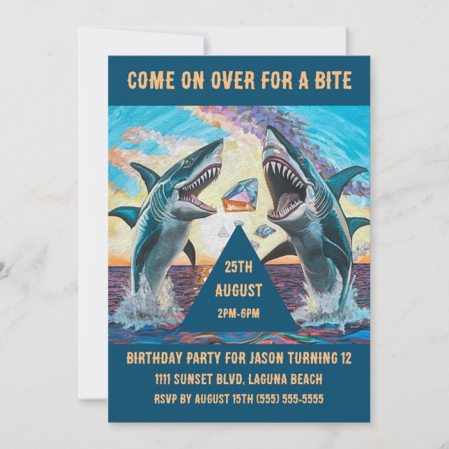 Birthday Party-Shark Chomp Shiny Gems-  Invitation (Front)