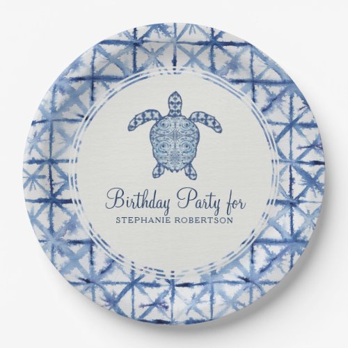 Birthday Party Shibori Indigo Beach Sea Turtle Art Paper Plates