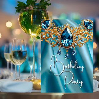 Birthday Party Silk Blue Topaz jewel Gold Invitation