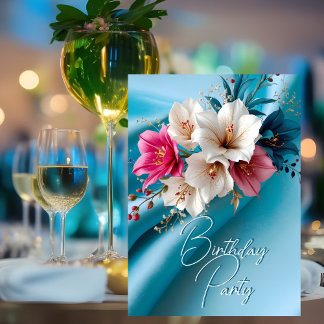 Birthday Party Silk Pink and Blue White Floral Invitation