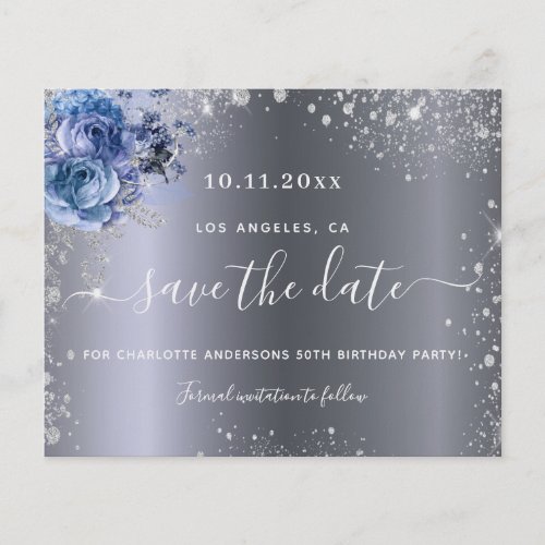 Birthday party silver blue budget save the date flyer