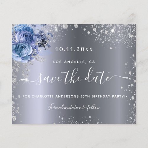 Birthday party silver blue budget save the date flyer