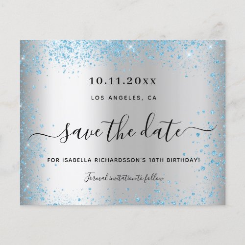 Birthday party silver blue budget save the date flyer