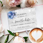 Birthday party silver blue florals glitter script save the date<br><div class="desc">A girly and trendy Save the Date for a 50th (or any age) birthday party. A classic faux silver metallic looking background decorated with faux silver glitter dust and blue flowers. Personalize and add a date and name/age. The text: Save the Date is written with a large trendy hand lettered...</div>