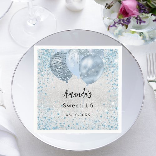 Birthday party silver blue glitter balloons napkins