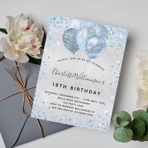 Birthday party silver blue glitter invitation postcard