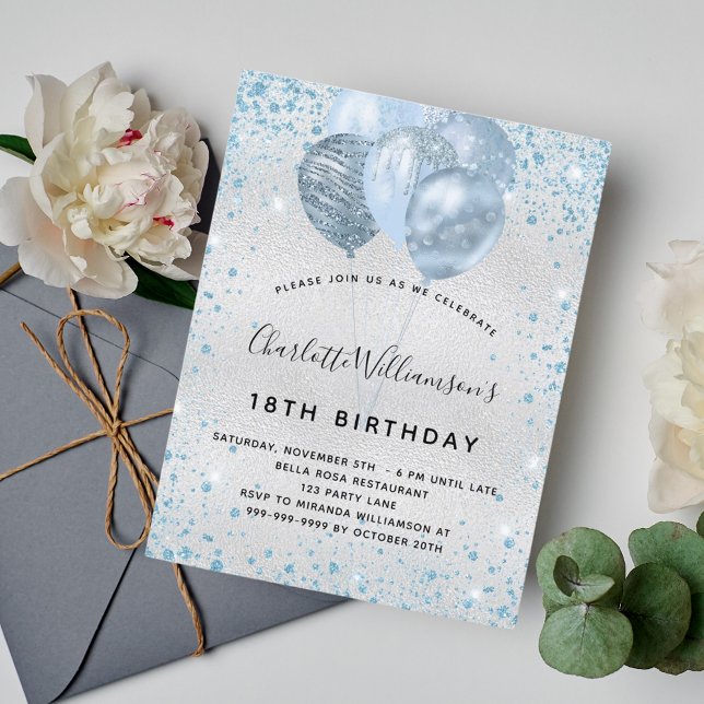 Birthday party silver blue glitter invitation postcard (Creator Uploaded)