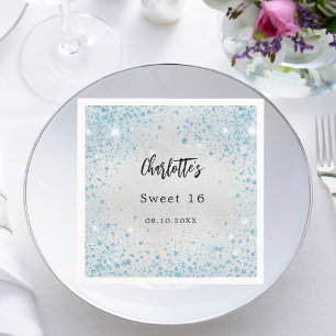 Birthday party silver blue glitter name napkins
