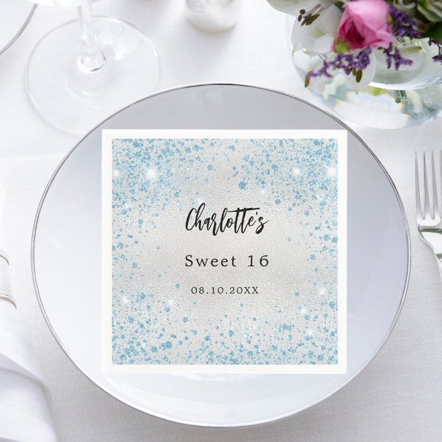 Birthday party silver blue glitter name napkins (Creator Uploaded)