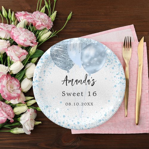 Birthday party silver blue glitter name paper plates