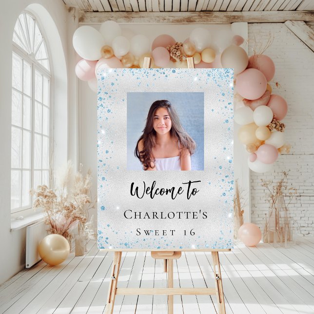 Birthday party silver blue glitter photo welcome  foam board (Creator Uploaded)