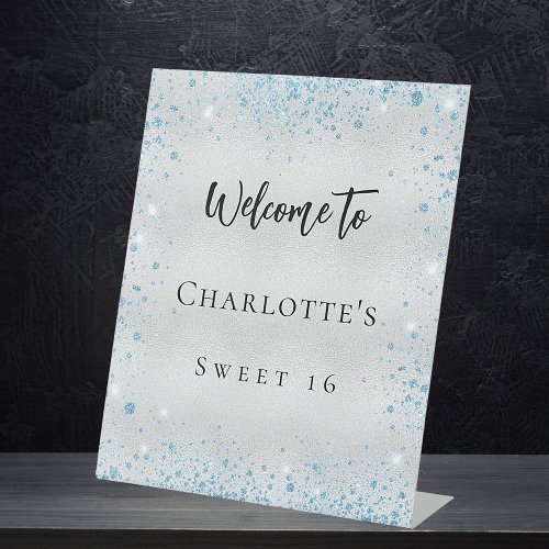 Birthday party silver blue glitter welcome pedestal sign