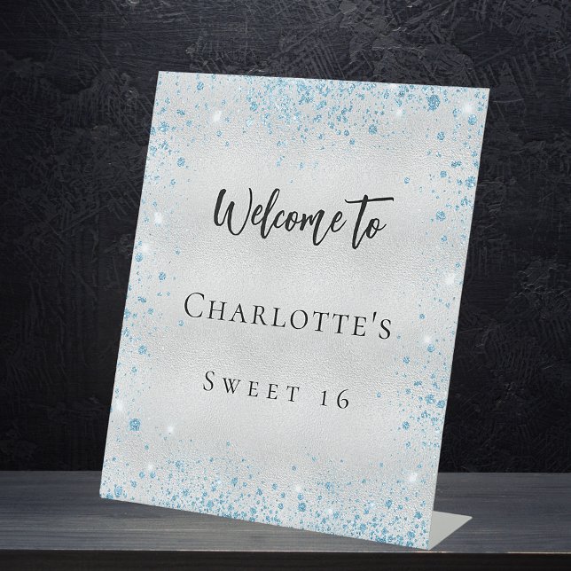 Birthday party silver blue glitter welcome pedestal sign (Creator Uploaded)