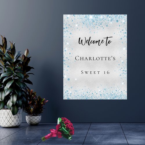 Birthday party silver blue glitter welcome poster