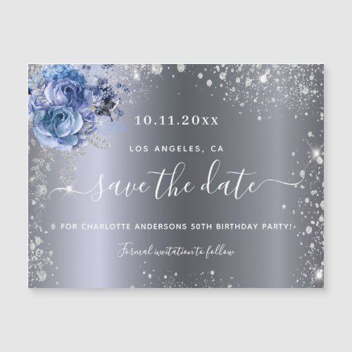 Birthday party silver blue save the date magnet