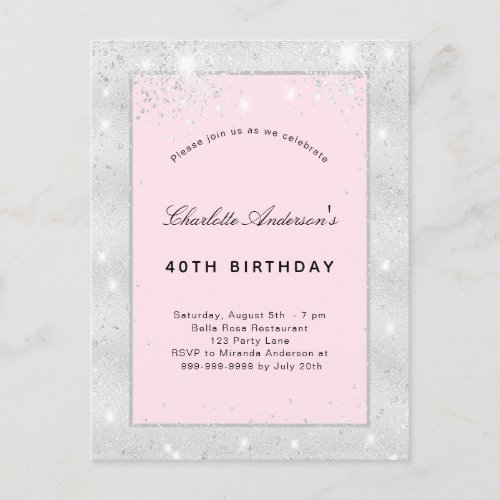 Birthday party silver blush pink glitter invitation postcard