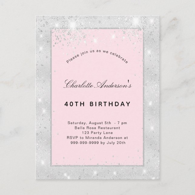 Birthday party silver blush pink glitter invitation postcard (Front)
