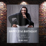 Birthday party silver custom photo name guy tapestry<br><div class="desc">For a 21st (or any age) birthday party for guys. A trendy faux silver looking background. Personalize and add your own high quality photo of the birthday boy/man. The text: The name in white with a modern hand lettered style script. Tempates for a name, age 21 and a date. Can...</div>