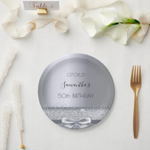Birthday party silver elegant bow name paper plates