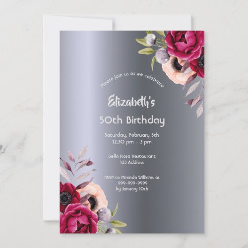 Birthday party silver floral burgundy invitation