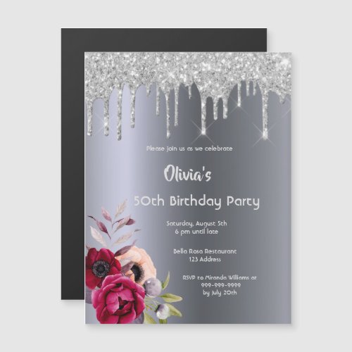 Birthday party silver glitter drip floral magnetic invitation