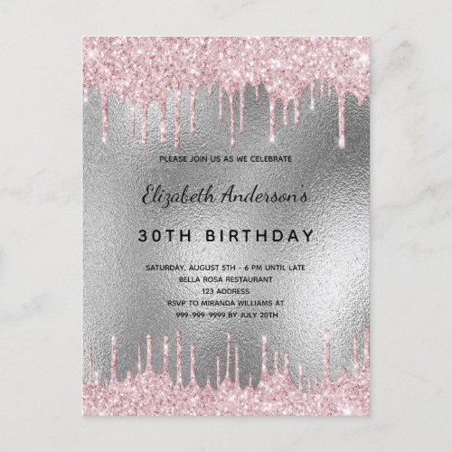 Birthday party silver glitter drip pink invitation postcard