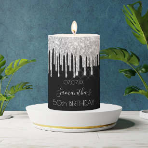 Birthday party silver glitter drips black monogram pillar candle