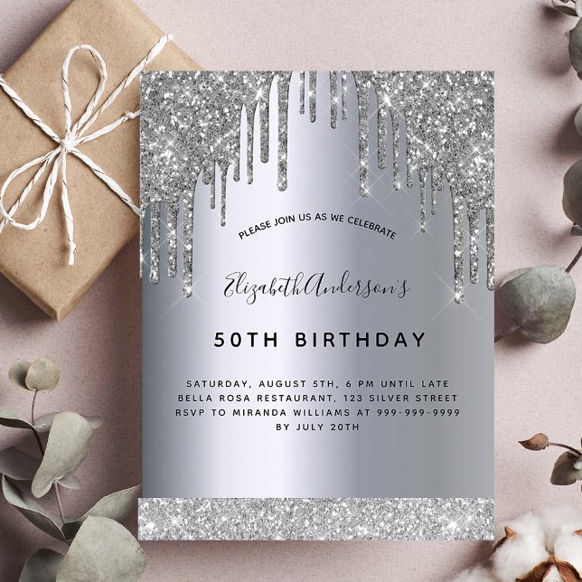 Birthday party silver glitter drips glamorous invitation (Creator Uploaded)